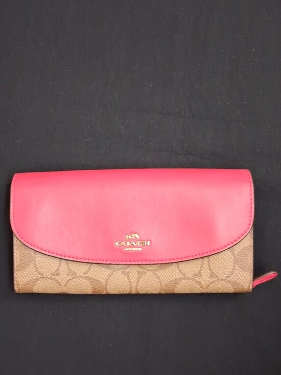 Coach Handbags - COACH Signature Canvas Pink Leather Flap Continental Wallet